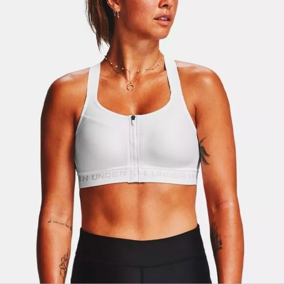 Under Armour UA Sports Bra White Gray Size 34A 34a Small Zip Front Logo Gym Yoga - Picture 1 of 16